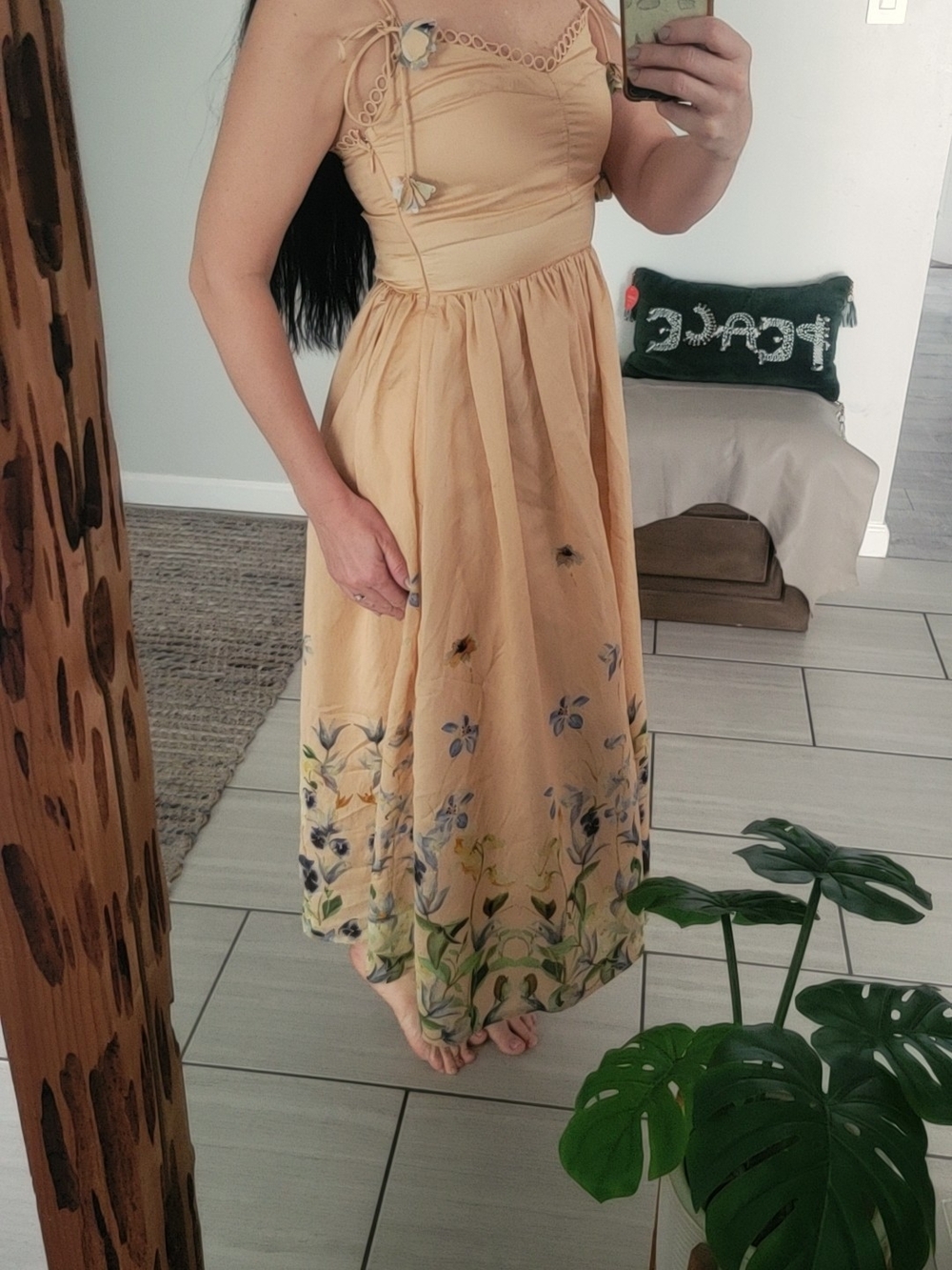 En Saison Peach Floral Maxi Dress with Blue & Green Hem
